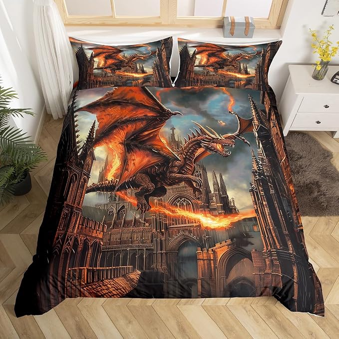 3D Western Dragon Duvet Cover Set Twin Size,Fire Modern Castle Fashion Retro Bedding Set,Boys Men Room Decor,Wildlife Ancient Animal Comforter Cover,Grey Quilt Cover,1 Pillowcase(No Filler)
