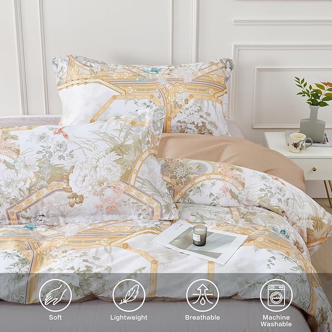 SAPHREAS Gold Floral Duvet Cover Set 3pcs King Size White Flower Botanical Blossom Bedding Comforter Cover Set 100% Cotton 1 Duvet Cover 2 Pillow Shams, Comforter Not Included