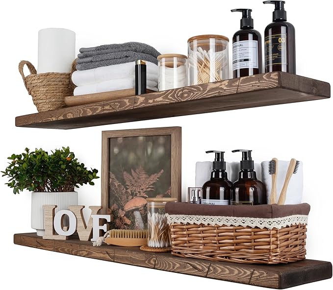 BGMG Floating Shelves 36 inch Long, Distressed Wide Rustic Wooden Wall Shelves for Bathroom Living Room Bedroom Kitchen Farmhouse Set of 2-36x6.7x1.25 inch-Distressed Walnut
