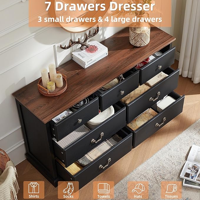 Farmhouse 7 Drawer Dresser for Bedroom,55" Wide Wood Rustic Chest of Drawers,Farmhouse Chest of Drawers for Bedroom,Wood Drawer Organizer for Living Room, Hallway,Bedroom,Black
