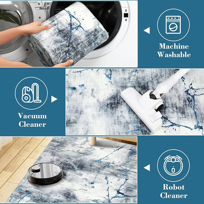 Washable Area Rugs 9x12 Living Room Rugs Soft Bedroom Large Indoor Carpet Abstract Neutral Dining Room Rug Non-Slip Stain Resistant Thin Foldable Floor Carpet for Playroom Nursery, Blue