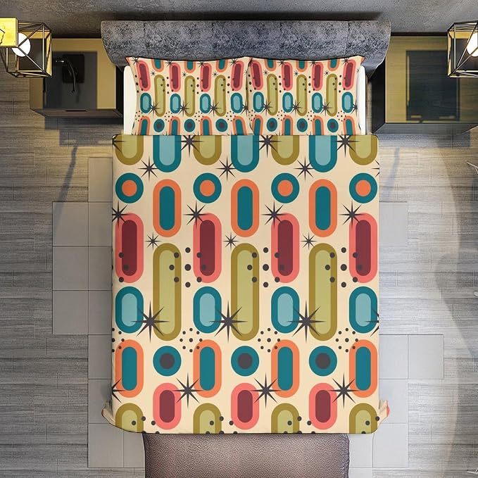 Colorful Aesthetic Comforter Cover Geometry Bed Set, Retro Atomic Duvet Cover，Modern Mid Century Bedding Sets，Aesthetic Abstract Art Bedding 3 Piece (1 Duvet Cover 86"x70" + 2 Pillow Sham 20"x30")