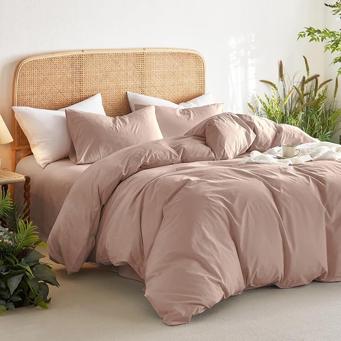 Wake In Cloud - Cotton Duvet Cover Set, 100% Washed Cotton, Linen Like Textured, Breathable Durable Comfy Farmhouse Neutral Bedding Set, 3 Pieces, Dusty Pink, King Size