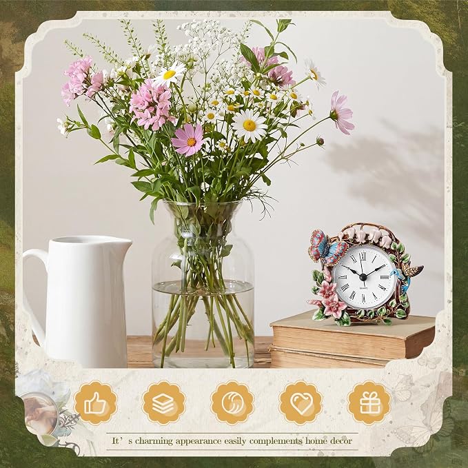 Kenning Vintage Mini Table Clock, 3.5 Inch Small Decorative Metal Non Ticking Analog Quartz Battery Operated Table Top Clock for Living Room Bedroom Bedside Desk Decor(Butterfly)