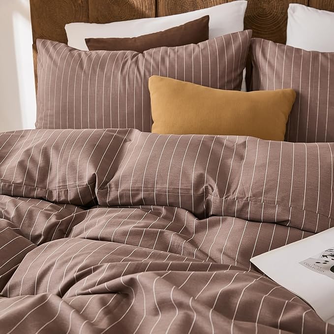 Merryword 100% Cotton Duvet Cover Set Queen Size, Brown Pinstripe Bedding Set with 2 Pillowcases, Soft Breathable Comforter Cover, Natural Cotton Linen Like Bedding Set for Cozy Home Bedroom