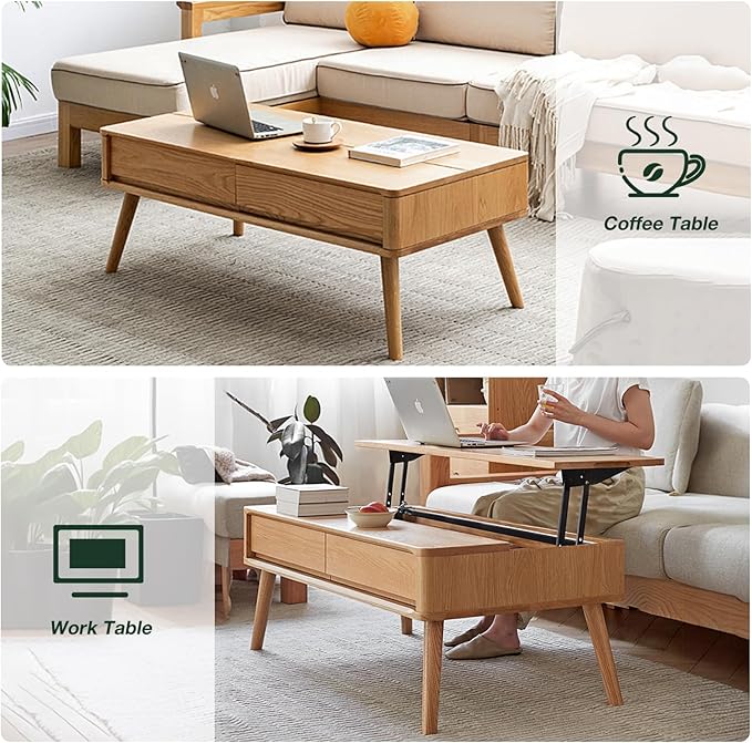 Lift Top Coffee Table with Storage - 100% Solid Oak Wood Lift Coffee Table - 39 Inch Wooden Coffee Table for Living,Dining and Working