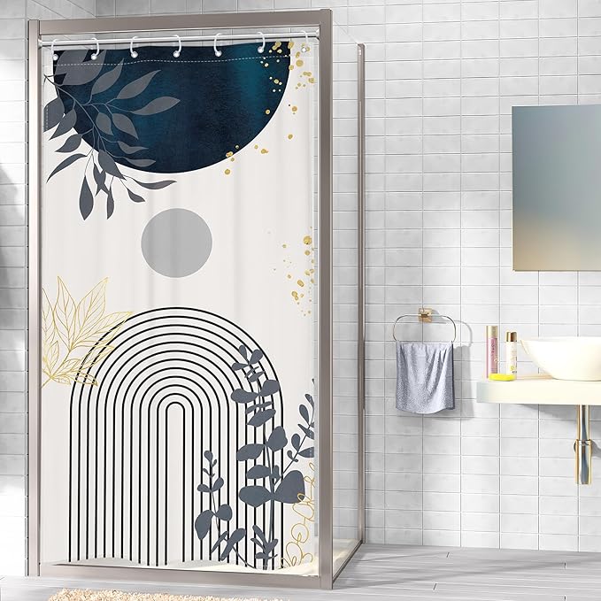 Riyidecor Small Stall Navy Blue Boho Mid Century Shower Curtain for Bathroom Decor 36Wx72H Modern Abstract Gold Leaves Minimalist Geometric Art Printed Fabric Polyester Waterproof 7 Pack Plastic Hooks