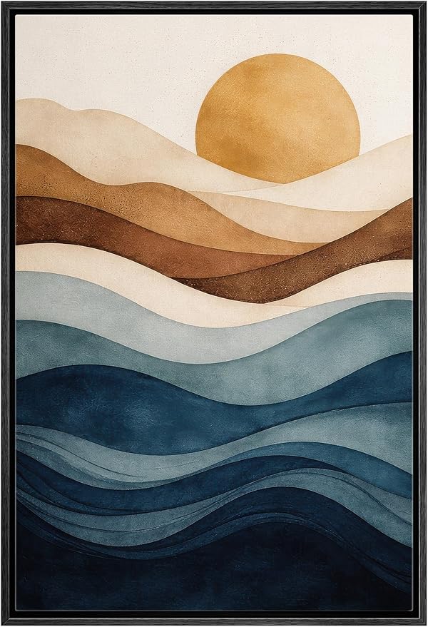 Woodrose Framed Canvas Print Wall Art Abstract Layered Landscape Sun and Waves Illustrations Modern Art Minimalist 3D Colorful Ultra for Living Room, Bedroom, Office - 24"x36" BLACK