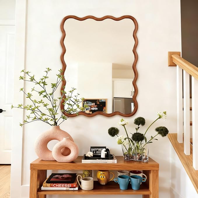 40x30 Inch Wooden Wavy Rectangle Wall Mirror, Modern Solid Wood Frame Decorative Accent Mirror for Bedroom, Bathroom, Living Room, Entryway, Yellowish Brown