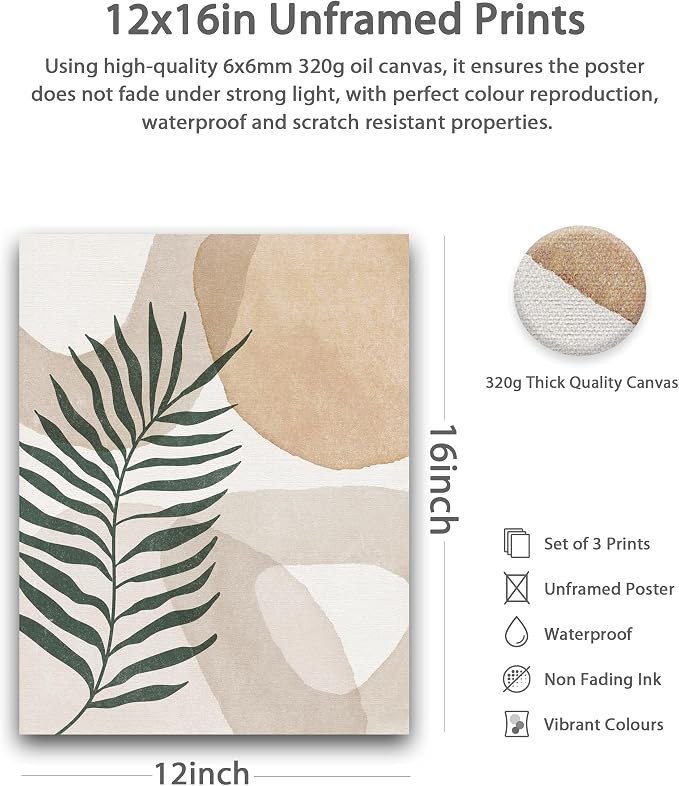 HesenDot Unframed Neutral Boho Wall Art Set of 3, 12x16in Botanical Leaves Abstract Geometric Canvas Posters, Minimalist Modern Aesthetic Wall Decor for Bedroom Living Room Home, Unframed