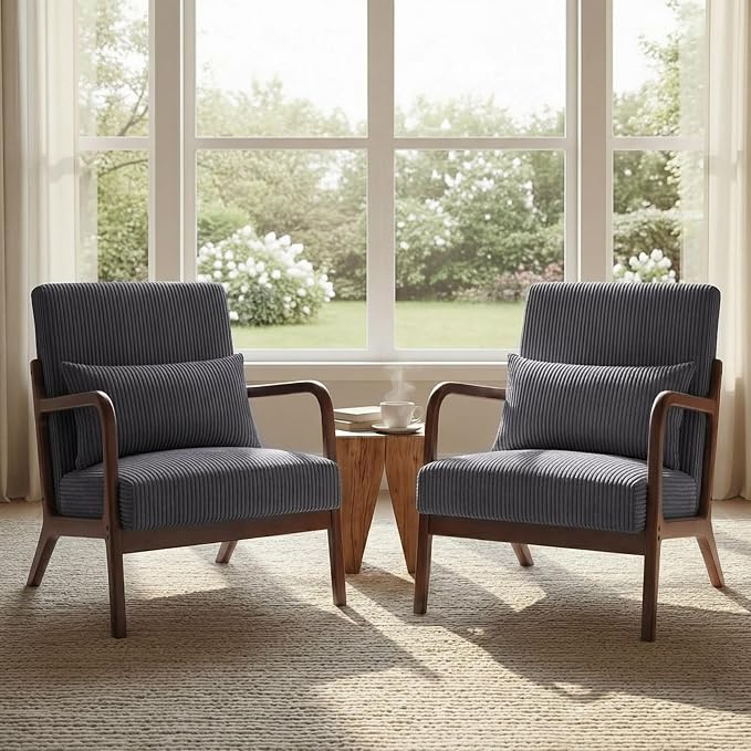 Set of 2 Mid Century Modern Accent Chair with Solid Rubber Wood Frame, Comfy Corduroy Reading Armchair with Lumbar Pillow, Heavy Duty Lounge Chair for Bedroom, Living Room & Small Spaces