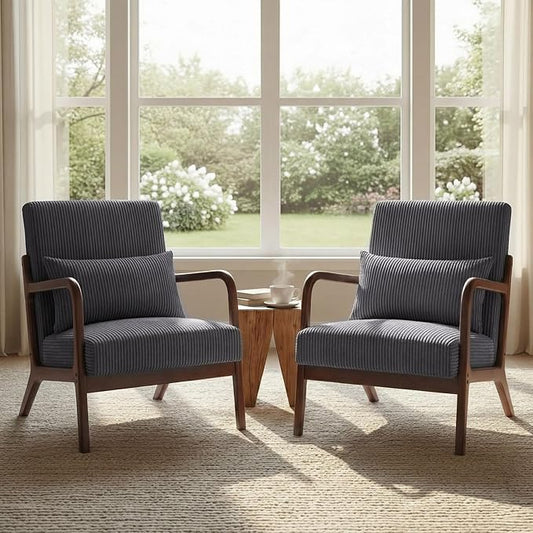Set of 2 Mid Century Modern Accent Chair with Solid Rubber Wood Frame, Comfy Corduroy Reading Armchair with Lumbar Pillow, Heavy Duty Lounge Chair for Bedroom, Living Room & Small Spaces