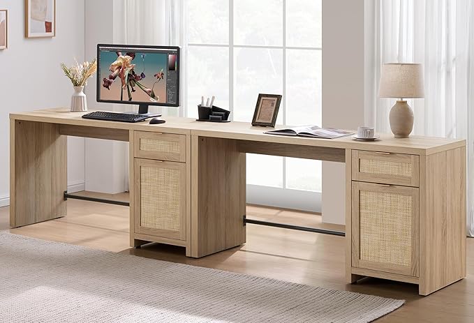 SICOTAS Rattan Home Office Desk, 2 Pieces 59" Boho Executive Desk with Storage Cabinets and Drawers, Larger Computer Laptop Vanity Desk for Office, Study, Living Room, Light Oak