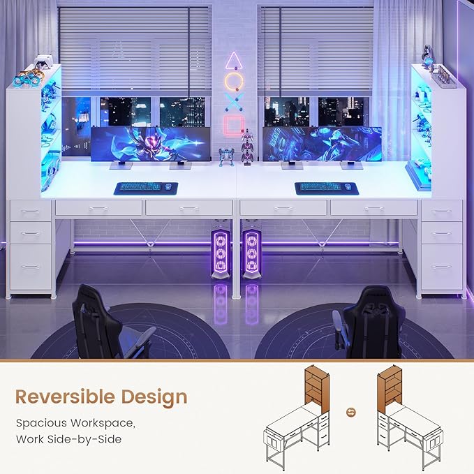SEDETA Computer Desk with 5 Drawers and Bookshelf, Reversible Home Office Desk with Storage Shelves and File Drawer, Gaming Desk with LED Lights for Small Spaces, White