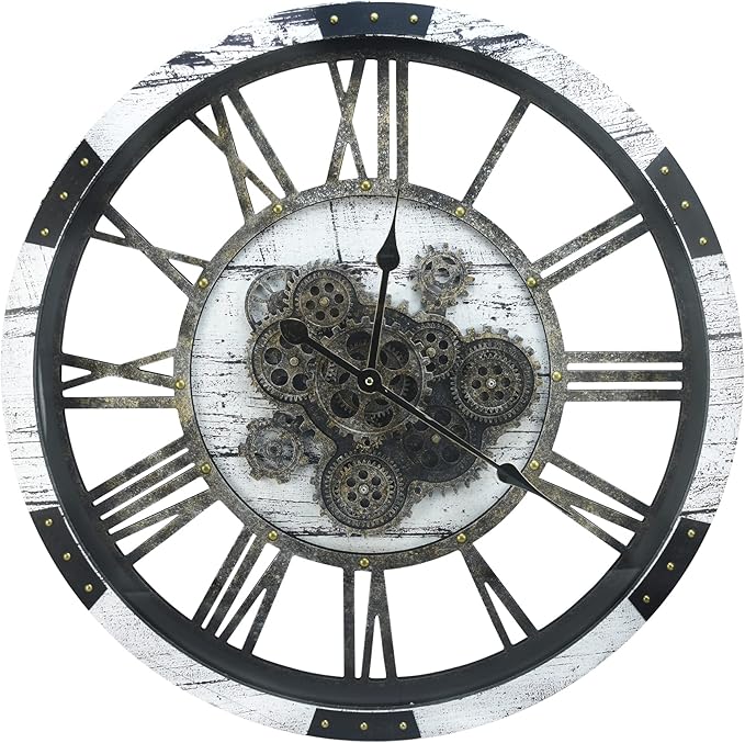 DORBOKER 27 Inch Large Wall Clock Farmhouse Wooden Clock with Moving Gears HD Toughened Glass Cover, Oversized Industrial Steampunk Rustic Wall Clock for Living Room Decor Home Kitchen Office (White)