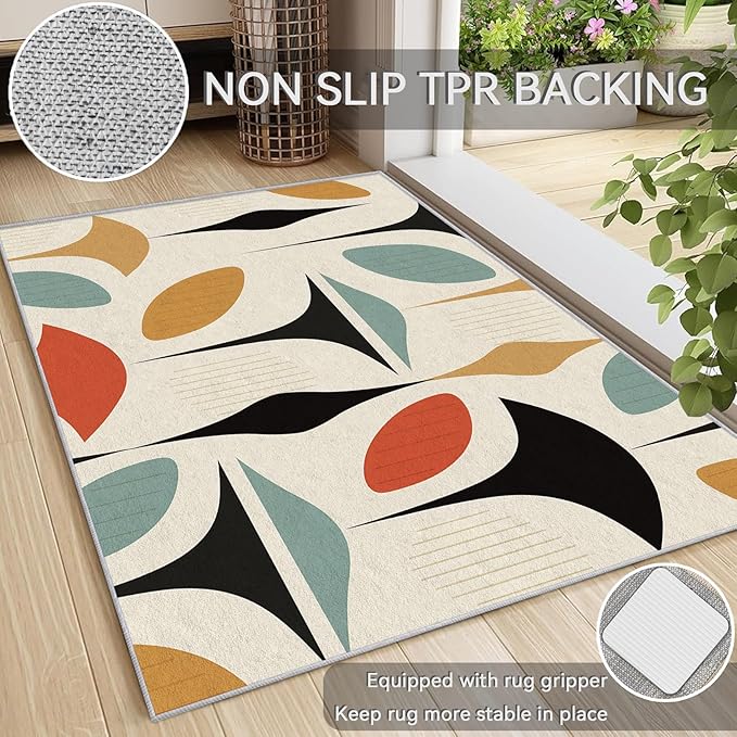 50s Rugs for Living Room 8x10, Mid Century Retro Geometric Abstract Modern Pattern Design Area Rug, 50s Bedroom Decor Carpet, Non Slip, Washable (RG655)