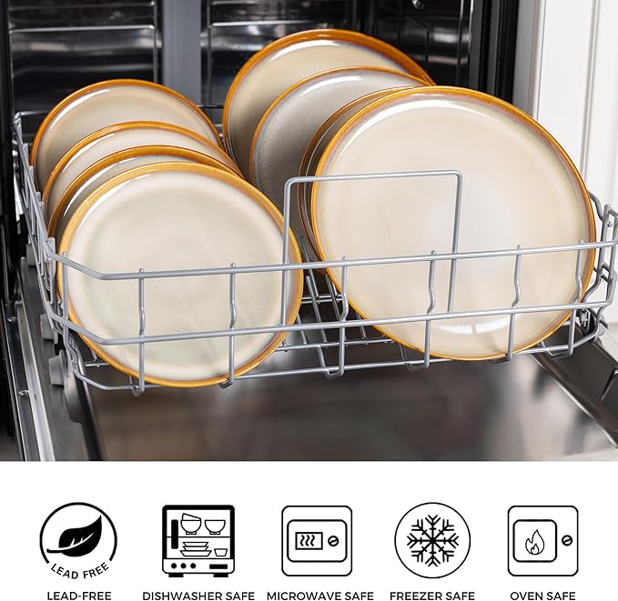 LeRatio Ceramic Dinnerware Sets for 4,Porcelain Plates and Bowls Sets, Reactive Glaze Dishes Set,Chip Resistant and Scratch Resistant | Oven&Dishwasher & Microwave Safe,Service for 4-Kahki &Black