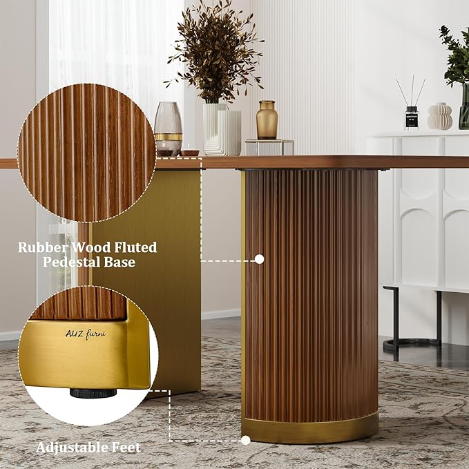 AUZ 70" Mid-Century Modern Dining Table for 4-6, Wood Kitchen Table with Fluted Pedestal Base and Brushed Gold Accents, Large Rectangular Farmhouse Dinner Table, Walnut(Table Only)