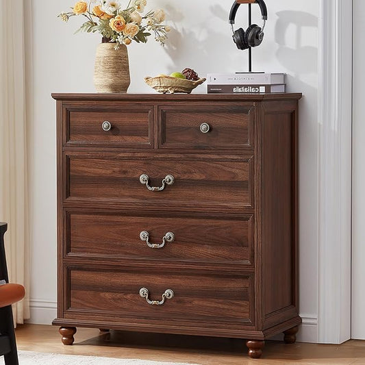 Farmhouse 5 Drawer Dresser for Bedroom, 35" Tall Rustic Chests of Drawers w/ 4 Solid Wood Feet, Mid Century Modern Wooden Closet Storage Dressers Organizer for Living Room, Hallway,Brown