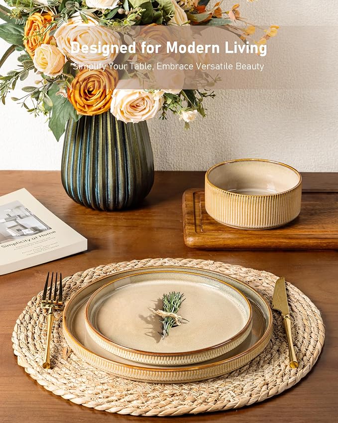 GBHOME 12-Piece Stoneware Dinnerware Set for 4 – Ribbed Ceramic Plates and Bowls, Scratch-Resistant, Microwave & Dishwasher Safe, Reactive Glaze, Barley Latte
