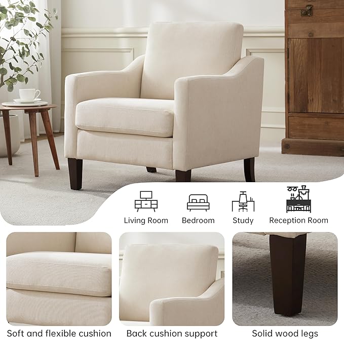 VKNOW Mid Century Modern Accent Chair, Upholstered Living Room Chairs Armchair for Bedroom, Comfy Reading Accent Chairs with Wood Legs for Living Room (2, Beige)