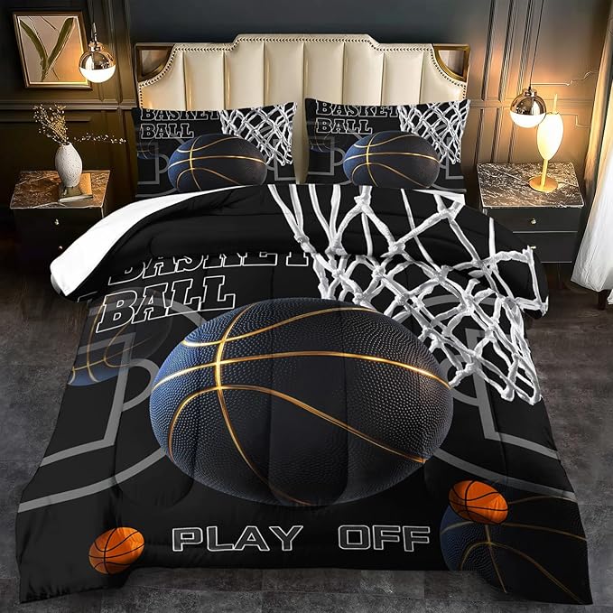 Basketball Comforter Set Queen Bedroom Decor,Sports Comforter Sets for Boys,Black Basketball Bedding Queen,Gold Sports Bedding for Teen,Black Bedroom Decor Boys,Ball Games Quilt Set