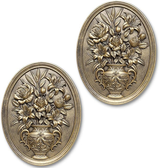 Vintage Flower Wall Sculpture 2 Pack ,Antique Wall Decor,Vintage Floral Wall Art, Hand Painted Wall Decoration with Embossed Flowers Design, Gold Wall Decor for Living Room Bedroom Dining Room, Housewarminng Gifts (Gold Flowers)