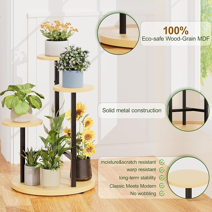 3 Tiers Black Plant Stand Indoor Tall Metal Wood Plant Shelf Outdoor Plant Stands Indoor Plant Table Rack Tiered Plant Stand Garden for Living Room Balcony Patio - RoundLight