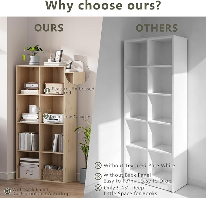VDNEND Wooden Storage Organizer with Closed Back Panel, 11in Cube Shelf Opening, Bookshelf, Display Shelf,Closet Cabinet for Home and Office (Natural Oak, 8-Cube 47.8L*9.45W*24.09H)