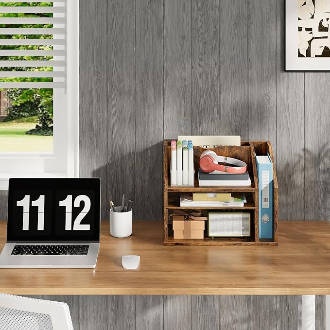 CHOEZON Wooden Desk Organizer with Adjustable Partitions, Multi-Layer Desktop File Holder for Home Office, Paper & Stationery Storage Organizer, Rustic Brown MWJ04FG