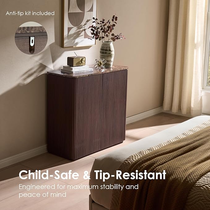 Fluted 2 Doors Sideboard Cabinet with Storage-Wooden Credenza w/Shelves, Faux Marble-Top Coffee Bar Console Table, Modern Buffet Cabinet for Dining, Kitchen, Living Room, Entryway, Dark Oak, 2pcs