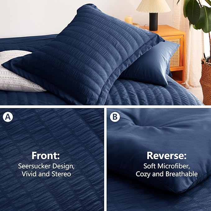 CozyLux King Size Comforter Set Navy Blue, 7 Pieces Seersucker Textured Luxury Bed in a Bag, All Seasons Soft Bedding Sets with Down Alternative Comforter, Sheets, Pillowcases & Shams, Home Gift