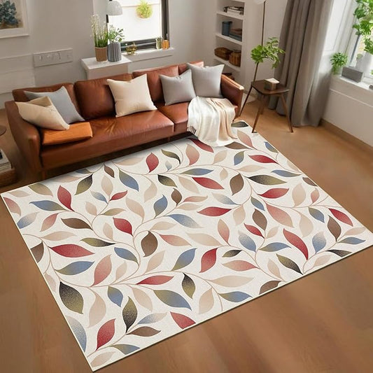 9x12 Area Rug Washable Boho Vintage Rug for Living Room Low Pile Soft Bedroom Rugs Non Slip Boho Indoor Large Carpet Thin Foldable Distressed Leaves Carpet for Nursery Dining Room Playroom, Beige Red
