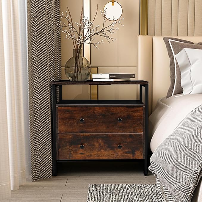 27 inch Wide Night Stand Set 2 with Charging Station, Bedside Table with Open Shelf, 2 Drawers Small Wood Dresser, Modern Wood Nightstand for Bedroom/Living Room (Retro Brown)