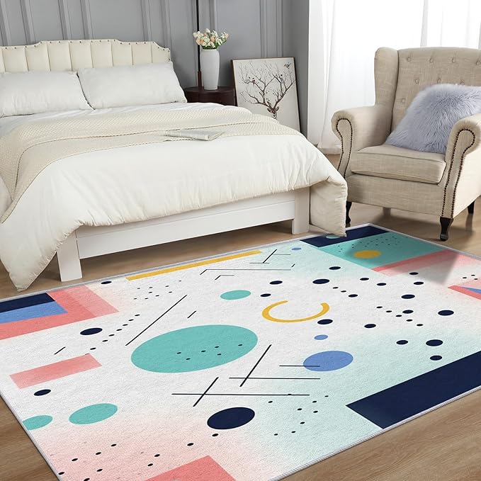50s Rugs for Living Room 7x7, Mid Century Retro Geometric Abstract Modern Colorful Pattern Design Area Rug, 50s Bedroom Decor Carpet, Non Slip, Washable (RG689)