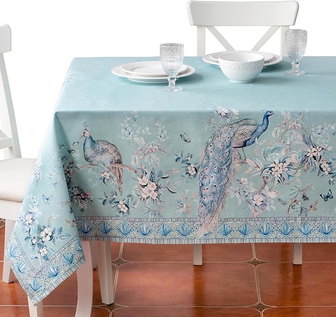 Maison d' Hermine Premium Table Cloth Rectangle Table 100% Combed Cotton 140 x 70 Inches Tablecloth Reusable Decorative for Dining Room Home Party Festive Wedding - Peacock Utopia - Pastel Turquoise
