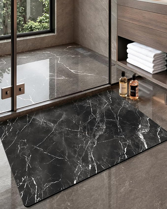 Color&Geometry Black Marble-Patterned Ultra-Thin Bathroom Rug, Non Slip, Washable and Quick Dry Shower Mat, 17"x30" Small Luxury Shower Mat for Bathroom Floor/Outside Shower