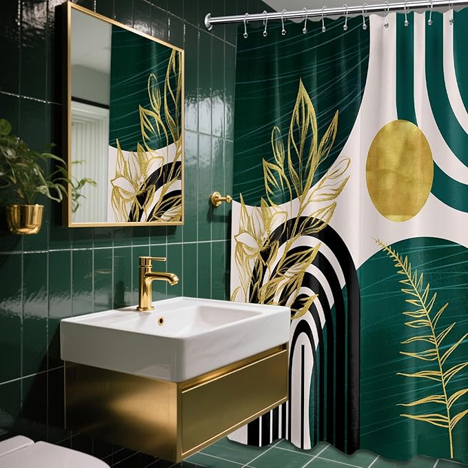 Dark Green Shower Curtain Boho Mid Century Modern Emerald Hunter Green and Gold Shower Curtains for Bathroom Decor, Waterproof Cloth Fabric with Hooks, 70" W x 84" L