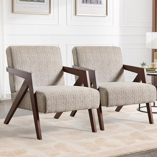 Bonzy Home Mid-Century Modern Accent Chair Set of 2 with Wood Frame, Upholstered Armchair for Bedroom & Living Room, Linen Fabric Cushion, Z-Shaped Armrest Design, Sturdy Lounge Chair