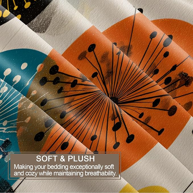 Mid Century Modern Duvet Cover Full Size, Retro Vintage Atomic Bedding Set 3 Piece, Abstract Art Dandelion Patterned Comforter Cover with Zipper Soft Microfiber, 2 Pillowcases
