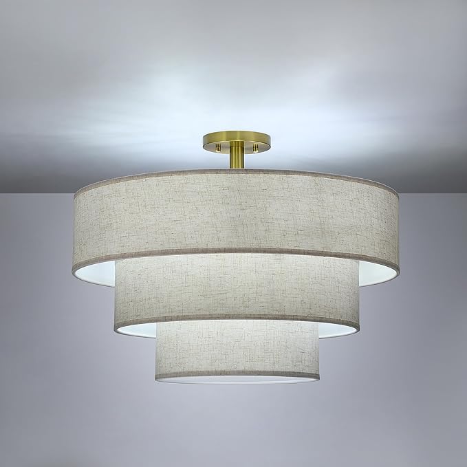 Doraimi Lighting 3 Tier Cream Linen Drum Fabric Semi Flush Mount Light Modern Farmhouse Decor 7 Light 24 Inch Brushed Nickel Finish for Kitchen Living Room Dining Room Corridor Hallway