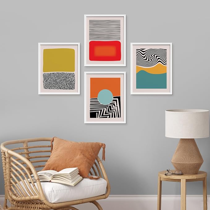 SIGNWIN Framed Mid-Century Modern 1980s Geometric Wall Art, Set of 4 Color Blocks Wall Decor Prints, Nature Wilderness Wall Décor for Living Room, Bedroom - 12"x16" White