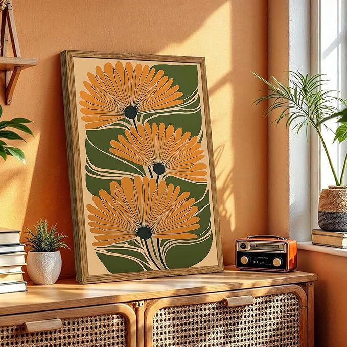 Framed Boho Floral Canvas Wall Art, Vintage Flower Pictures Wall Decor, Abstract Botanical Paintings Prints Maximalist Home Decor for living Room Bedroom Office 16x24 inch