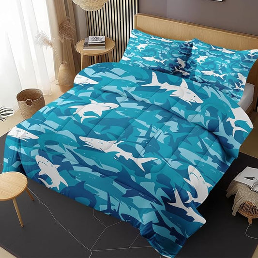 Blue Shark Fish Queen Comforter Set, Ocean Surf Camouflage Bedding Set 3 Piece, All Season Soft Toddlers Children Adults Bedroom Bed Decoration Comforter and 2 Pillow Shams