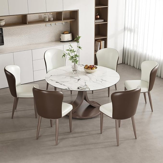 Montary 7 Piece Modern Dining Table Set of 6, Round 53" D Faux Marble Kitchen Table with Sintered Stone Top and Stainless Steel Double C Base, Dining Room Table with 6 Dining Chairs