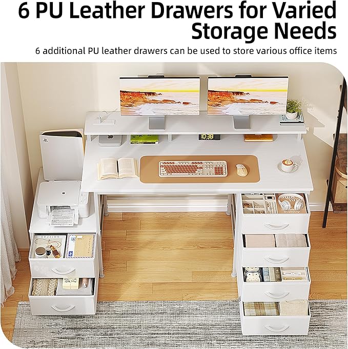 52 Inch Office Desk with 6 Drawers and Printer Space for Storage, Reversible Computer Desk with Monitor Stand & Power Outlets, Home Office Desks, White