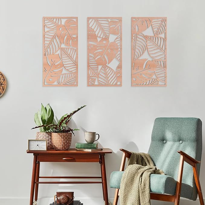 Tropical Decor 3D Wood Wall Art Set of 3, Carved Palm Tree Coastal Wall Decor, Hawaiian Wooden Wall Art for Bedroom, Bathroom, Living Room (Palm Leaf Cutout - 15.7 x 7.87 inch)