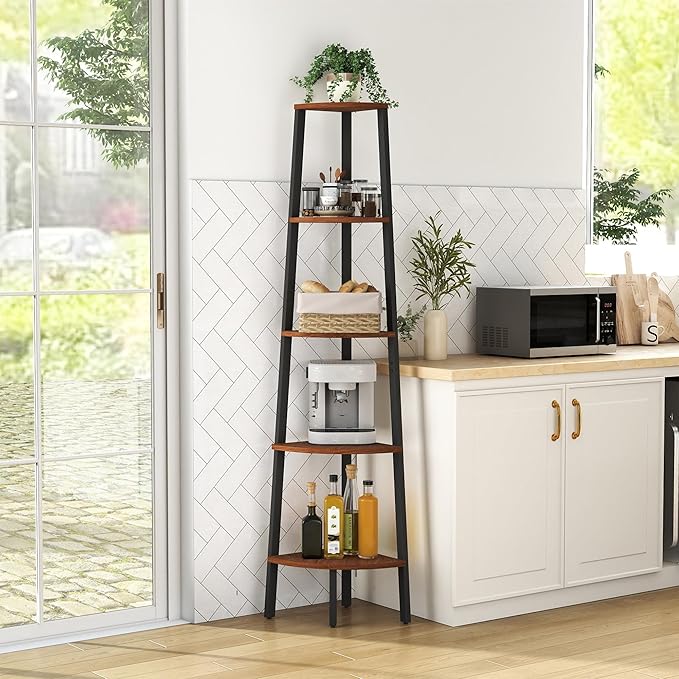 Corner Shelf, 5 Tier Ladder Corner Bookshelf, Display and Bookshelf Stand Unit, Anti Tip Feature, Space Saving, Ideal for Plants, Books, Living Room, Bedroom, Walnut