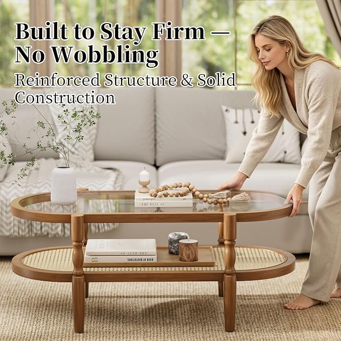 Rattan Coffee Table, Oval Cocktail Table with Glass Top and Solid Wood Frame, Boho Indoor & Outdoor Coffee Table, Brown, 48 in