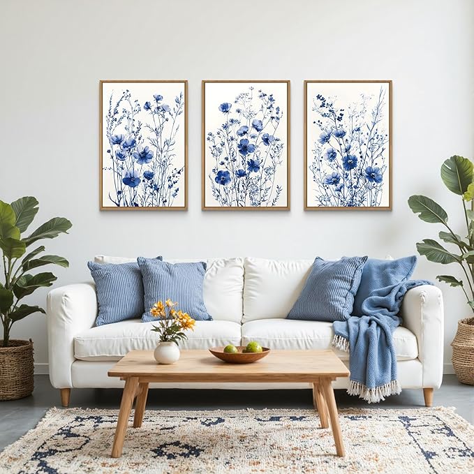 FWIEXA Blue White Wildflower Canvas Wall Art Set of 3, Framed Navy Chinoiserie Watercolor Botanical Pictures Wall Decor, Minimalist Floral Paintings Artwork, 24x36In Florals Prints for Living Room, Bedroom, Bathroom